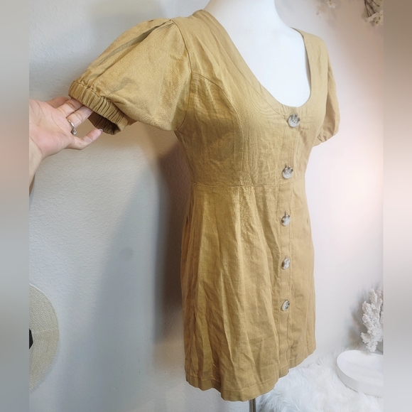GILLIA 100% LINEN BUTTON UP ROUND NECK SHORT SLEEVES MUSTARD MINIDRESS SZ SMALL - Picture 10 of 16
